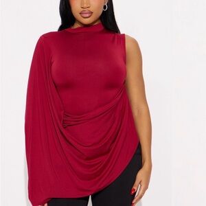Fashion Nova One-Sleeve Draped Mock Neck Top - Burgundy